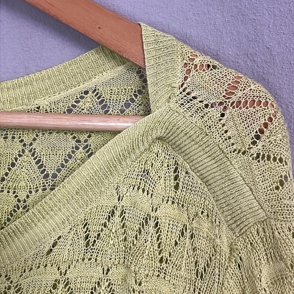 CJ Banks Chartreuse Green Open Knit Yoke and Sleeve, Tunic Sweater in 3X - Picture 9 of 14